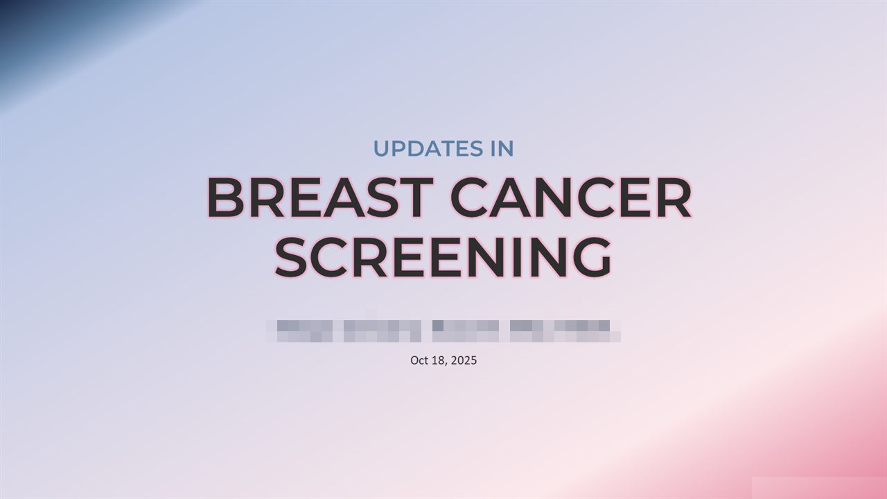After: the same title slide redesigned. Large typographic title over a soft pink-and-blue wash, the presenter line set below (pixelated here for privacy), nothing else competing.