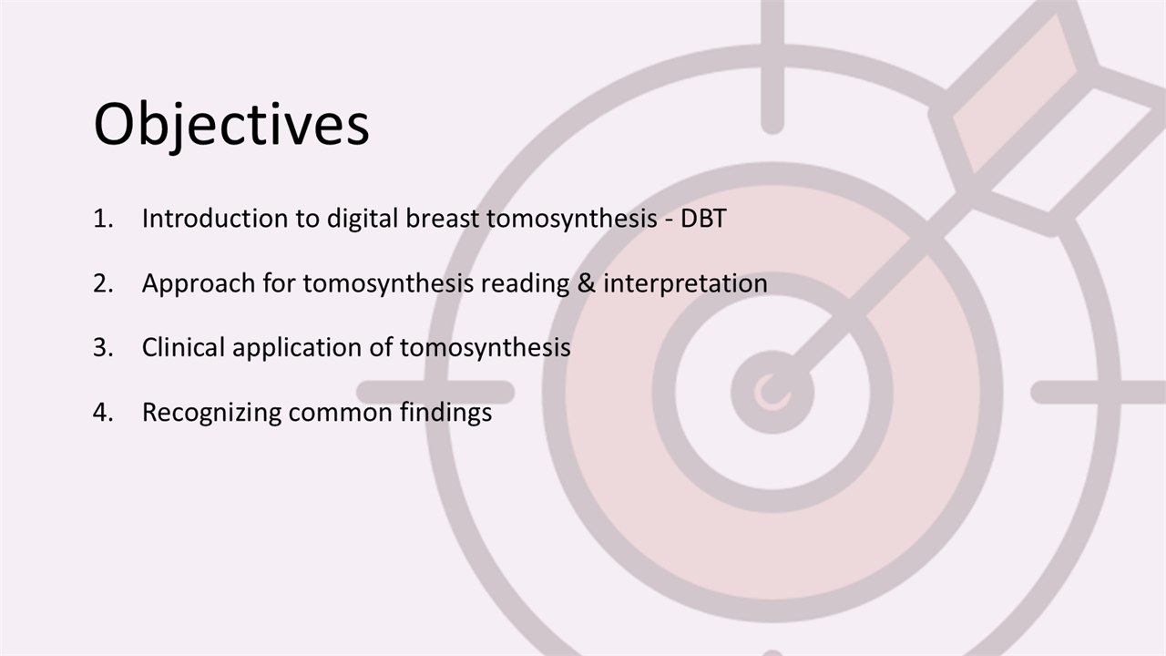 After: the same four objectives in dark type on a pale slide, the target icon faded into the background.