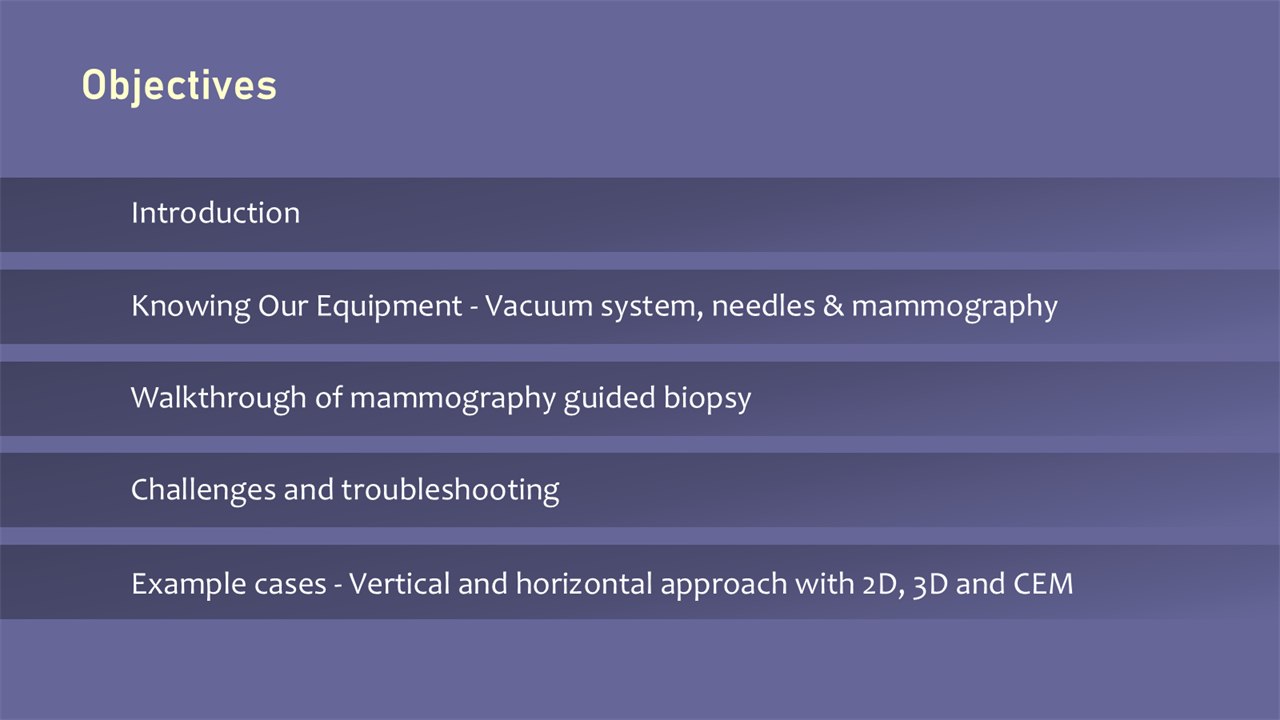 After: Objectives as five full-width labelled rows on a violet slide, reading top to bottom in course order.