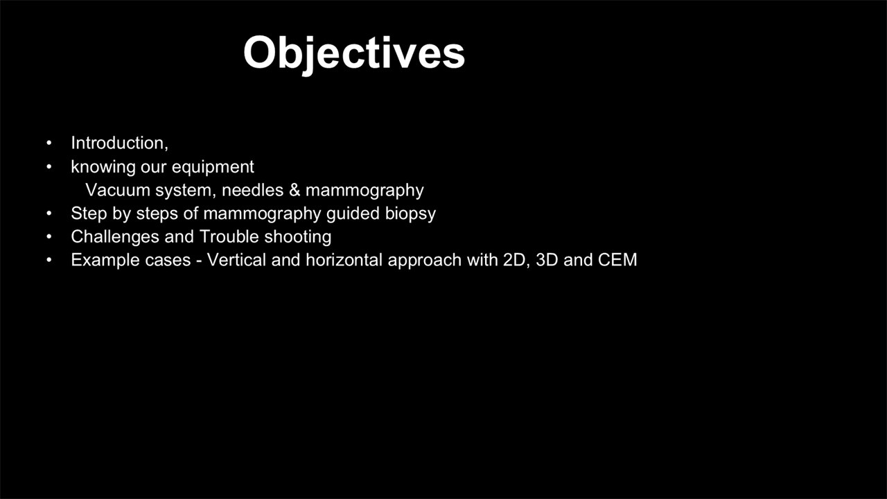 Before: Objectives as five small bullet points, top-left, on a black slide.